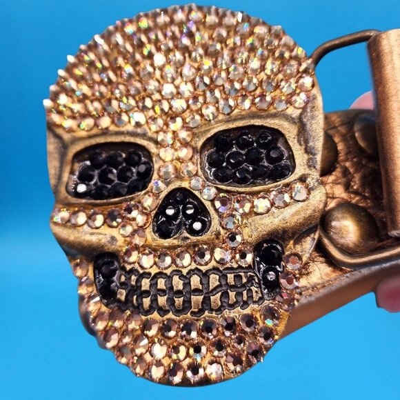 Bridget Shuster 2004 Skull Belt Gold Studded Leather Rhinestone w/ Skull Buckle - Picture 4 of 10